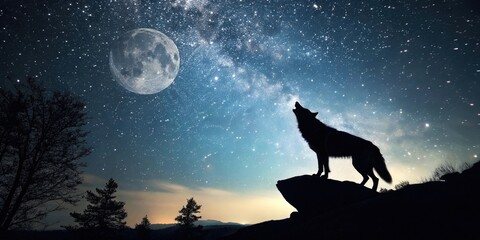 Wall Mural - moonlit wolf silhouette against a starry night sky, darkness, mysticism, symbolism, mystical creatur