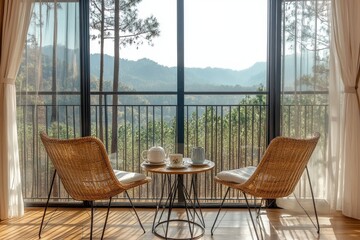 Wall Mural - Rattan Chairs and Tea Set on Balcony with Panoramic Mountain View in Chiang Mai, Thailand, Featuring Minimalist Home Exterior