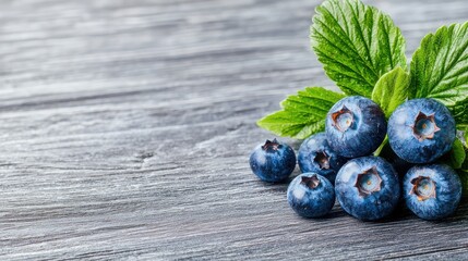 Wall Mural - Fresh blueberries on rustic wood, leaves, healthy food