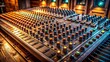 © Arnada - Retro Audio Mixer Control Panel with Buttons and Switches on Wooden Table in Radio Studio