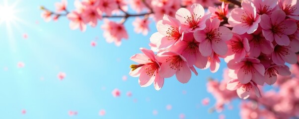 Wall Mural - A shower of red and orange cherry blossoms falls from a tree on a clear blue spring morning, flower, nature