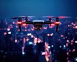 ©  Green Creator - Night view of a glowing smart city with synchronized drone light shows in the sky