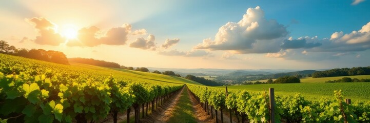 Wall Mural - Fluffy clouds drift lazily across a picturesque vineyard, sun, clouds, vineyard