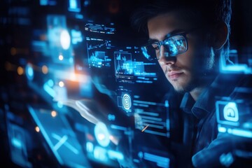 a focused individual interacts with glowing digital interfaces, showcasing advanced technology and d