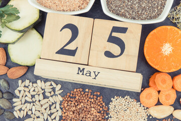 Wall Mural - Nutritious food and May 25 on calendar as date of World Thyroid Day. Problems with thyroid. Ingredients containing natural vitamins