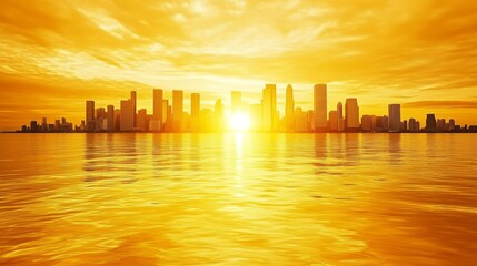 Sticker - As the sun sets, Golden City's skyline is mirrored in the calm waters