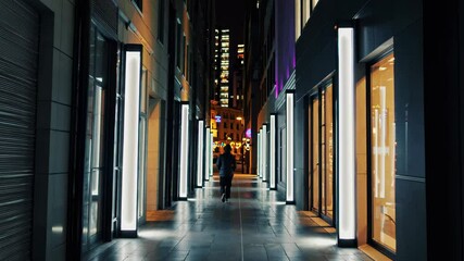 Poster - Modern urban pathway illuminated by neon lights attracts evening visitors in a vibrant city