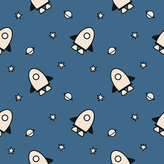 Wall Mural - Rocket cartoon so cute. On Saturn star blue background. Pattern seamless vector illustration. 
