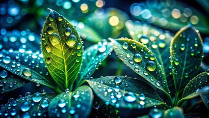 Wall Mural - Serene Dewdrops on Lush Green Leaves: Breathtaking Night Nature Photography