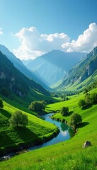 Wall Mural - rolling hills of emerald green, with a meandering river, pyrenees mountains, mountains