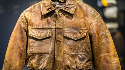 Wall Mural - A detailed close-up of a brown leather jacket, revealing its texture