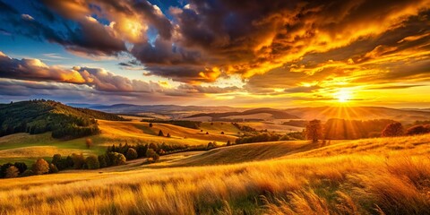 Wall Mural - Serene Sunset Landscape: Vibrant Sky over Rolling Hills and Golden Meadow