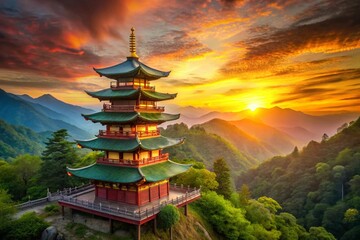 Wall Mural - Serene Sunset Pagoda: Tranquil Mountain Valley Digital Art