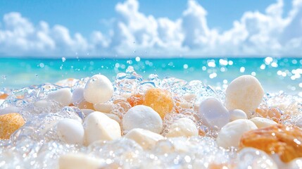 Wall Mural - Ocean waves washing over smooth beach pebbles; sunny sky background; travel brochure