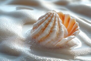 Wall Mural - macro shot of a seashell on wet sand with water ripples around it