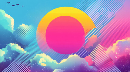 Wall Mural - vibrant retro design with colorful clouds and large circular shape