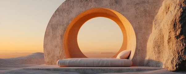 Sticker - Social Pressure Relief concept. Modern outdoor lounge with a circular arch and serene sunset backdrop.