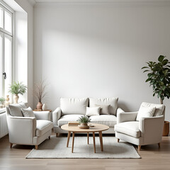 Wall Mural - White sofa and armchairs in scandinavian style home interior design of modern living room.