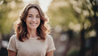 © lll - Portrait of a Smiling Woman Enjoying Springtime Outdoors with a Beautiful Garden Background