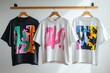 © Ahmadnawavi - Three stylish graphic t-shirts hanging on wooden hangers, featuring vibrant colors and bold designs, showcasing contemporary fashion trends.