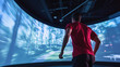 © smth.design - Man running in futuristic virtual reality environment with immersive screens