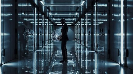 Leinwandbilder - Exploring a futuristic corridor with a mysterious figure in a suit and virtual elements