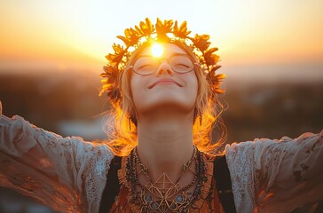 portrait of a young woman at sunset with beautiful balinese sacred geometry necklace in motion , iso