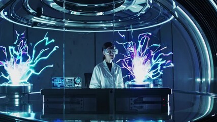 Leinwandbilder - Scientist conducts experiment with electric energy and holographic displays in a futuristic lab