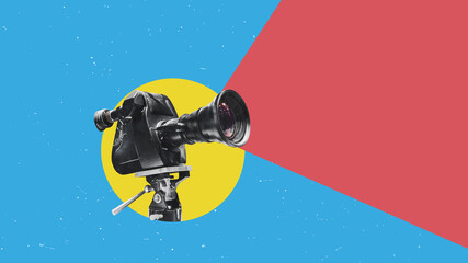 retro film camera. vintage cinema poster. contemporary flat design art collage.