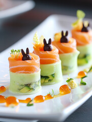 Wall Mural - playful fusion Easter appetizer: bite-sized sushi rolls 