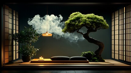 Sticker - Serene Japanese room with bonsai, smoke, and candles