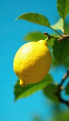 Wall Mural - Single fresh yellow lemon on a wooden branch against a bright blue sky, sunlit, wood