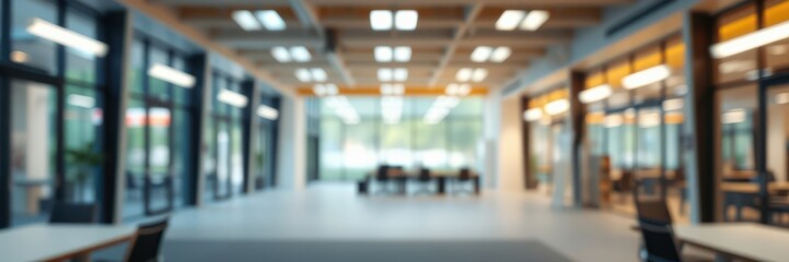 A blurred view of a modern office hallway with large windows and bright lighting