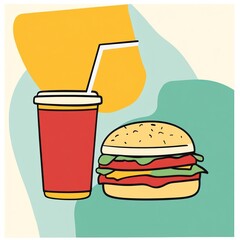 Wall Mural - Burger and soda combo; colorful background; fast food menu illustration