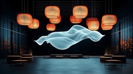 Sticker - Serene lobby, glowing sculpture, Asian-inspired, calm ambiance, interior design