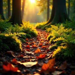 Wall Mural - Forest floor covered in fallen leaves and ferns under evening sun, autumn, ferns, lichen