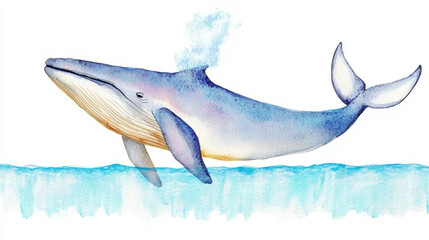 Wall Mural - Blue whale, watercolor, Watercolor illustration of a whale swimming gracefully beneath the surface, creating a serene and tranquil ocean scene.