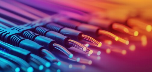 Poster - The twisted fiber cables form an abstract shape against a colorful background, symbolizing the connection of technology and communication data with creativity and innovation.