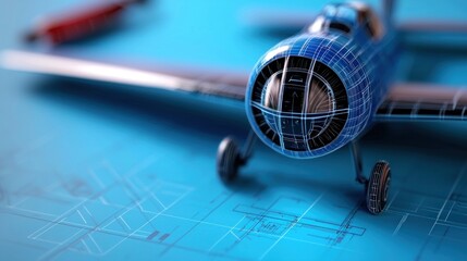 Detailed blueprint of a vintage airplane model on a blue background with design elements