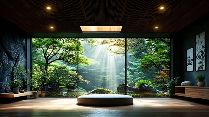 Sticker - Serene minimalist room overlooking sunlit Japanese garden; ideal for meditation or relaxation