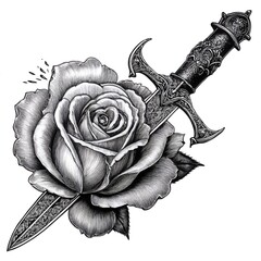 Wall Mural - Classic retro-style tattoo depicting a dagger piercing a blooming rose, designed in gravure technique. Isolated on white. AI generative.