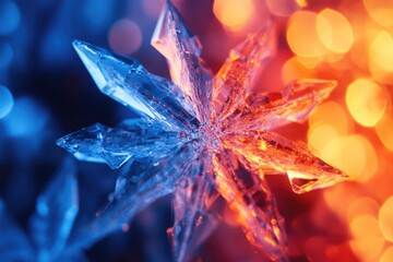 Wall Mural - Close-up of a crystalline snowflake illuminated with vibrant blue and orange hues, creating a stunning winter scene.