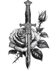 Wall Mural - Retro gravure-style tattoo showcasing a dagger thrust through a blossoming rose. Isolated on a white background. AI generative.