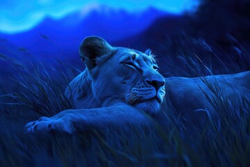 Wall Mural - Serene lioness rests peacefully in tall grass under a twilight sky.