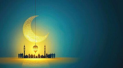 Poster - Ramadan symbolizes purity prayer and charity under the crescent. Elegant Crescent Moon Lantern with Mosque Silhouette Design