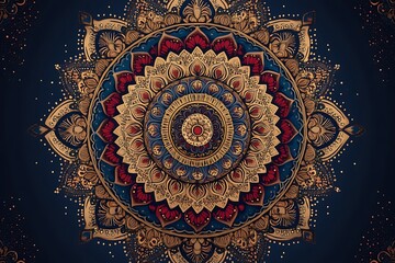 Wall Mural - Intricate Mandala Design Featuring Gold Blue and Red Hues