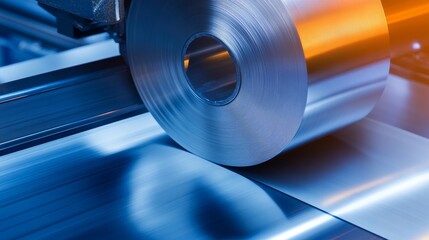 Wall Mural - Close-up of a metallic roll being processed on an industrial machine, showcasing precision and technology