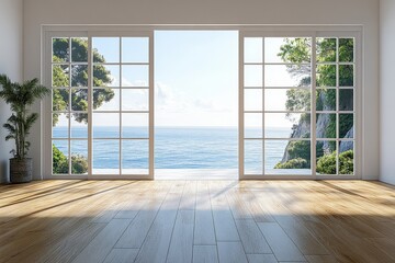 Wall Mural - Bright Light Wood Floor Open Space Sliding Doors Ocean View Elegance Simplicity Modern Interiors