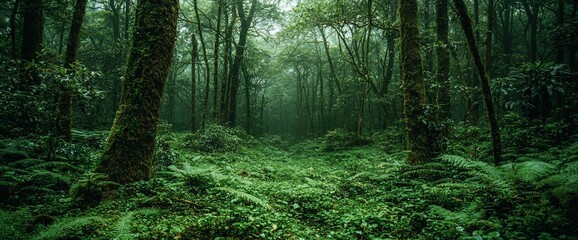 Canvas Print - Misty rainforest path, lush ferns, background trees. Nature wallpaper