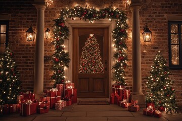 Wall Mural - Festive Christmas Front Door Decorated with Lights, Wreaths, and Garlands Leading to an Open Doorway Surrounded by Presents. A Warm and Inviting Holiday Scene with a Lit Tree and Lanterns.